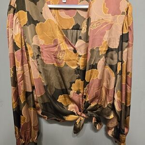 DR2 Multicolor Floral Tie-Front Blouse